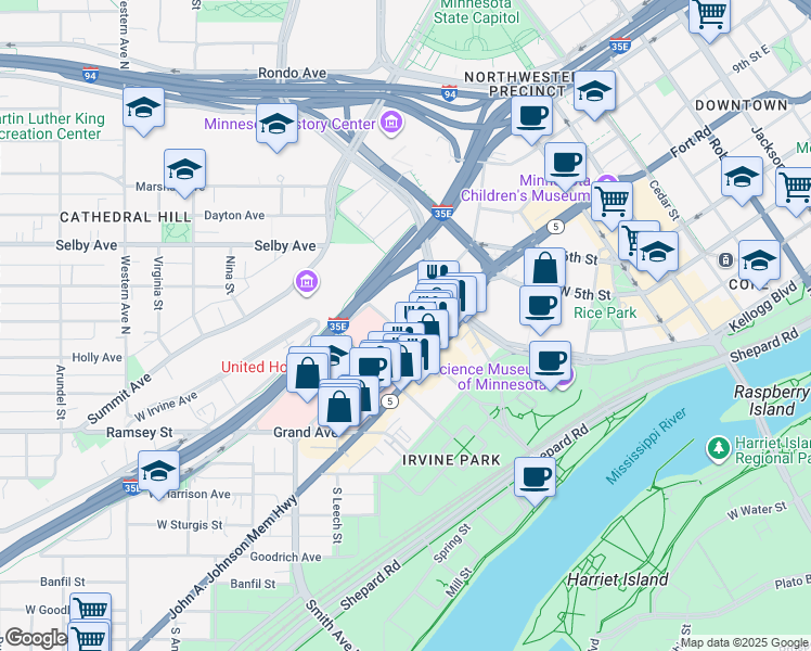map of restaurants, bars, coffee shops, grocery stores, and more near 222 Smith Avenue North in Saint Paul