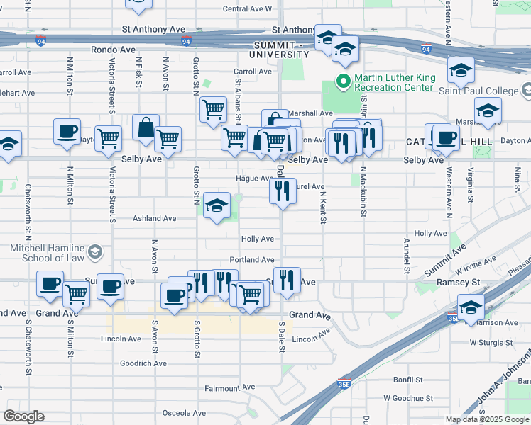 map of restaurants, bars, coffee shops, grocery stores, and more near 651 Ashland Avenue in Saint Paul