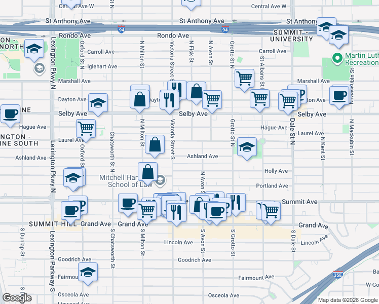 map of restaurants, bars, coffee shops, grocery stores, and more near 825 Ashland Avenue in Saint Paul