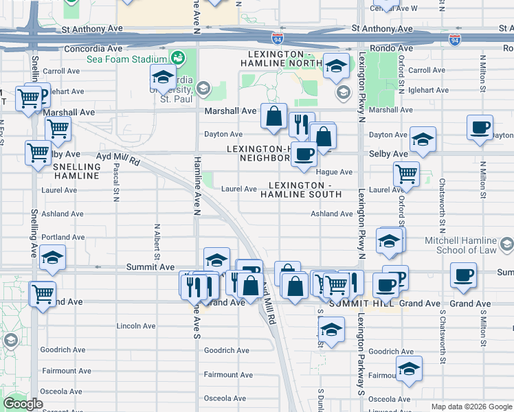 map of restaurants, bars, coffee shops, grocery stores, and more near 1253 Ashland Avenue in Saint Paul