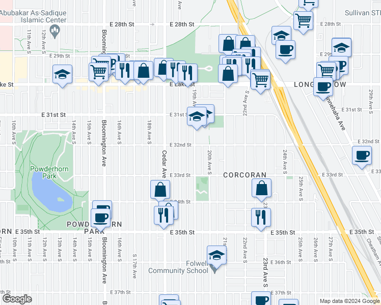 map of restaurants, bars, coffee shops, grocery stores, and more near 3201 19th Avenue South in Minneapolis