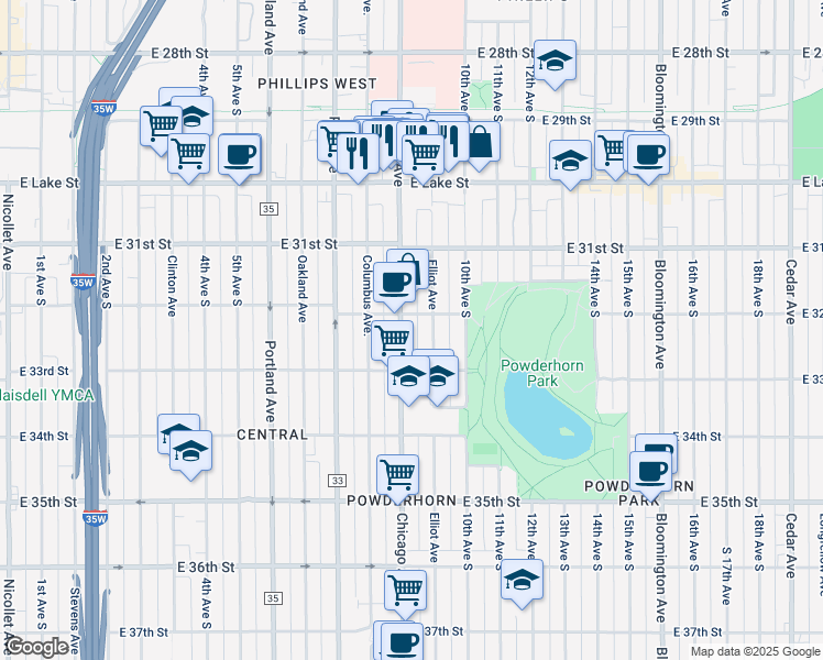 map of restaurants, bars, coffee shops, grocery stores, and more near in Minneapolis