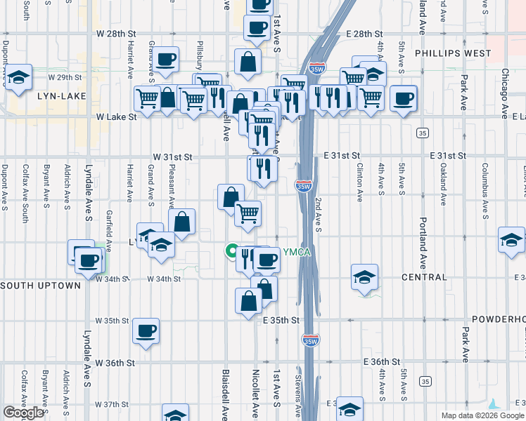 map of restaurants, bars, coffee shops, grocery stores, and more near 3215 Nicollet Avenue in Minneapolis