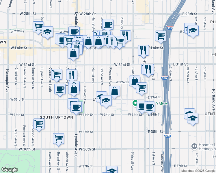 map of restaurants, bars, coffee shops, grocery stores, and more near 3204 Pleasant Avenue in Minneapolis