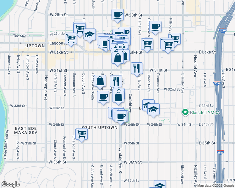 map of restaurants, bars, coffee shops, grocery stores, and more near 3203 Lyndale Avenue South in Minneapolis