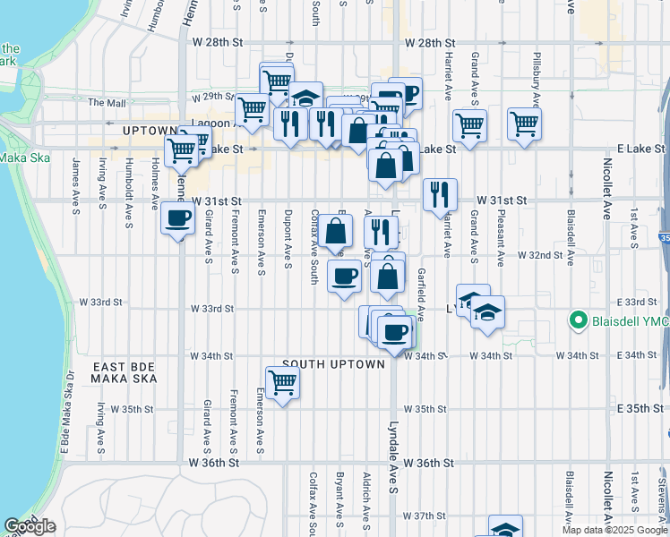 map of restaurants, bars, coffee shops, grocery stores, and more near in Minneapolis