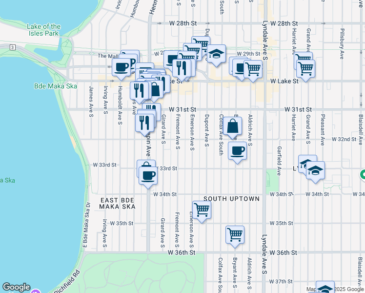map of restaurants, bars, coffee shops, grocery stores, and more near 3201 Fremont Avenue South in Minneapolis
