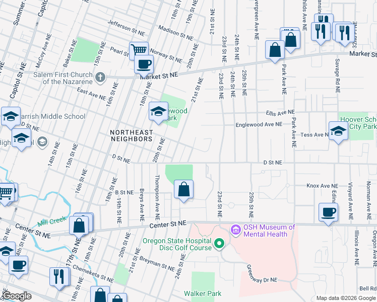 map of restaurants, bars, coffee shops, grocery stores, and more near 2170 Nebraska Avenue Northeast in Salem