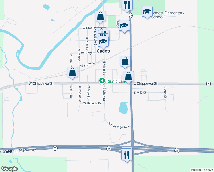 map of restaurants, bars, coffee shops, grocery stores, and more near 109 East Chippewa Street in Cadott