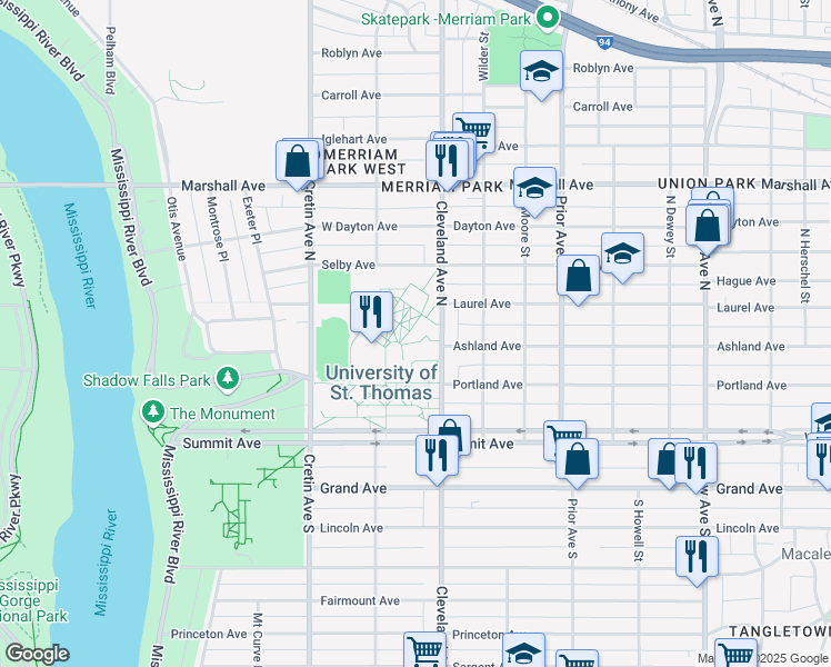 map of restaurants, bars, coffee shops, grocery stores, and more near 2115 Summit Avenue in Saint Paul