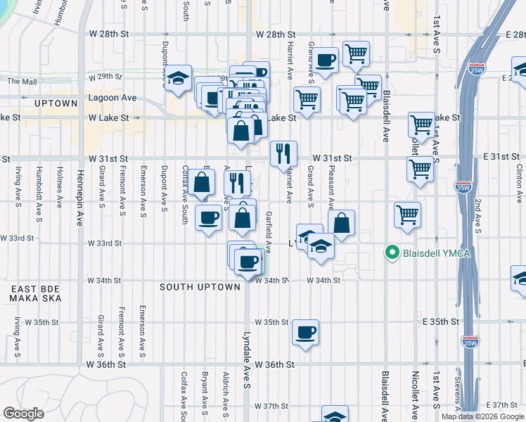 map of restaurants, bars, coffee shops, grocery stores, and more near 3205 Garfield Avenue in Minneapolis