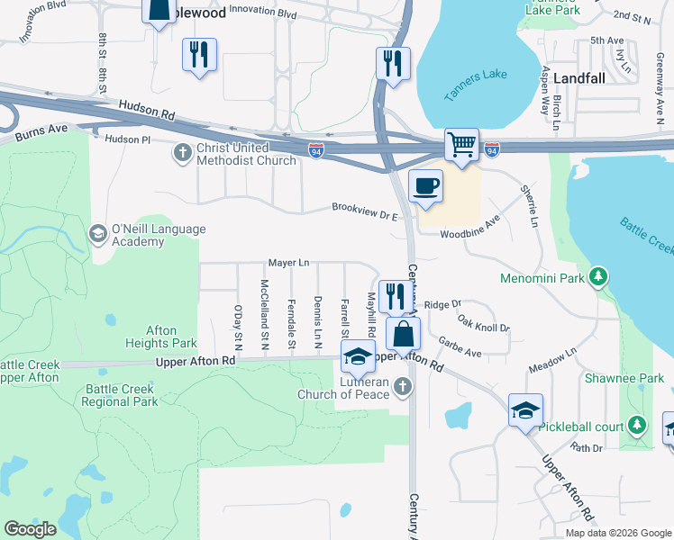 map of restaurants, bars, coffee shops, grocery stores, and more near 2656 Mayer Lane in Saint Paul