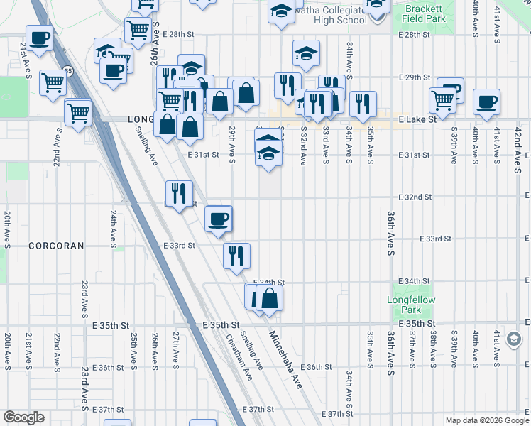 map of restaurants, bars, coffee shops, grocery stores, and more near 3209 30th Avenue South in Minneapolis
