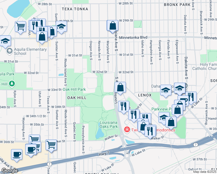 map of restaurants, bars, coffee shops, grocery stores, and more near 3264 Louisiana Avenue South in St. Louis Park