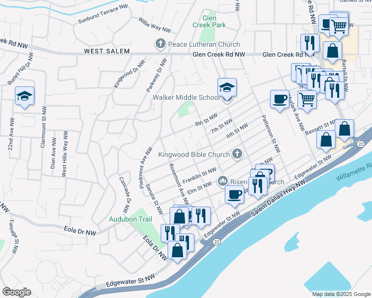 map of restaurants, bars, coffee shops, grocery stores, and more near 1323 6th Street Northwest in Salem
