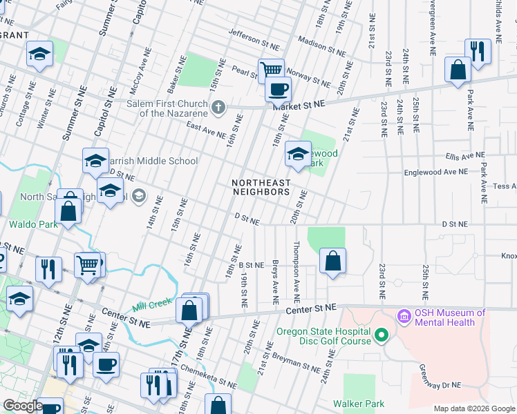 map of restaurants, bars, coffee shops, grocery stores, and more near 960 18th Street Northeast in Salem