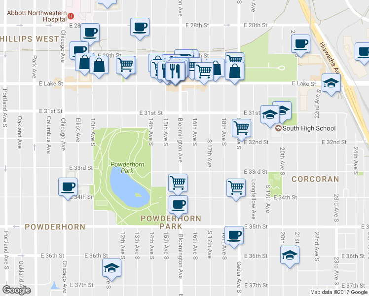 map of restaurants, bars, coffee shops, grocery stores, and more near 3205 Bloomington Avenue in Minneapolis