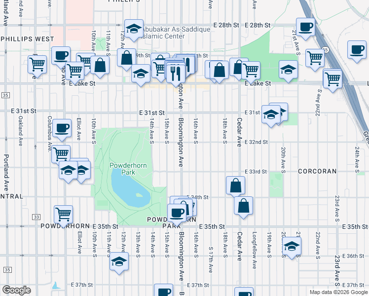 map of restaurants, bars, coffee shops, grocery stores, and more near 3205 Bloomington Avenue in Minneapolis