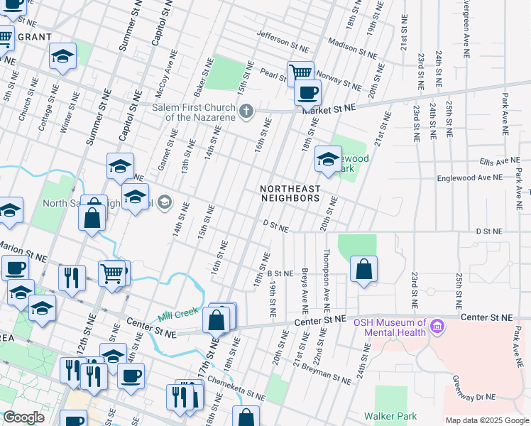 map of restaurants, bars, coffee shops, grocery stores, and more near 960 17th Street Northeast in Salem