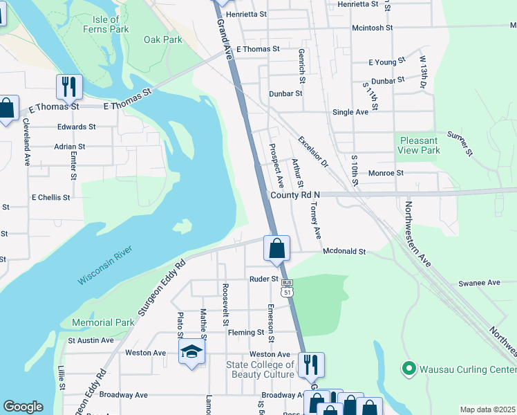 map of restaurants, bars, coffee shops, grocery stores, and more near 1314 Grand Avenue in Wausau