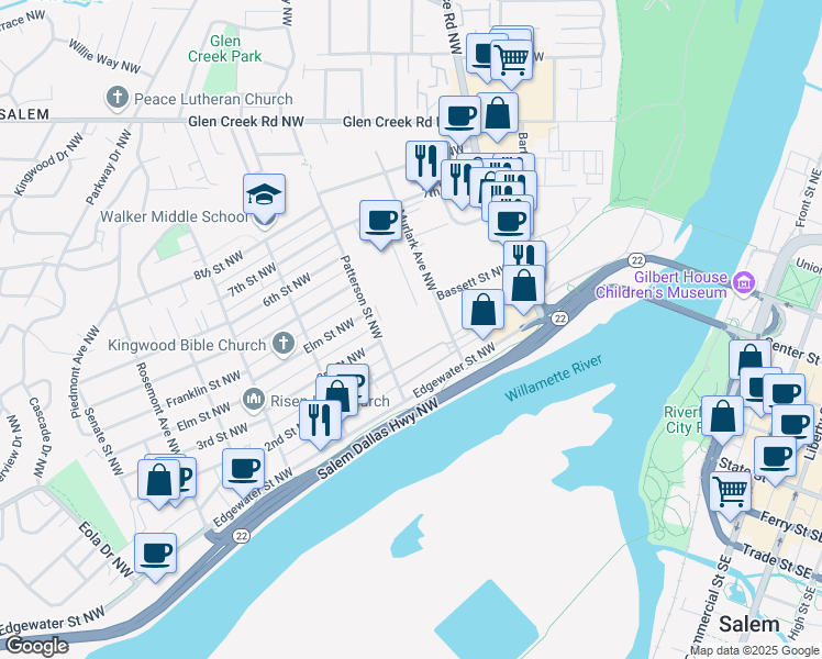 map of restaurants, bars, coffee shops, grocery stores, and more near 800-998 Bassett Street Northwest in Salem