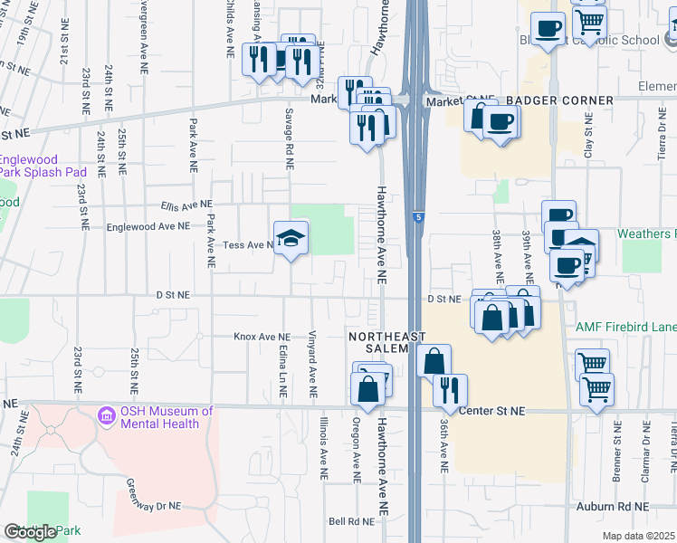 map of restaurants, bars, coffee shops, grocery stores, and more near 3301 D Street Northeast in Salem