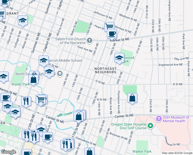 map of restaurants, bars, coffee shops, grocery stores, and more near 960 17th Street Northeast in Salem