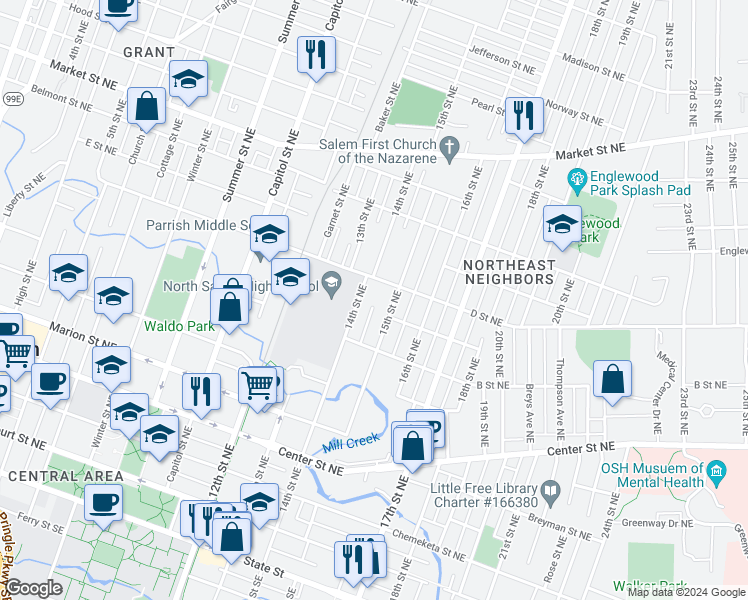map of restaurants, bars, coffee shops, grocery stores, and more near 830-874 14th Street Northeast in Salem