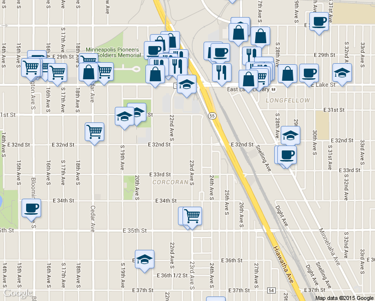 map of restaurants, bars, coffee shops, grocery stores, and more near 3201 22nd Avenue South in Minneapolis