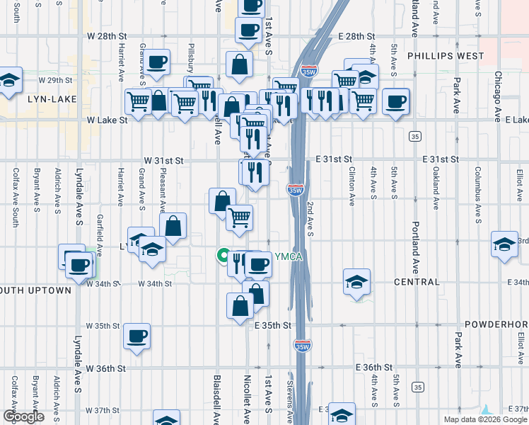 map of restaurants, bars, coffee shops, grocery stores, and more near 3215 Nicollet Avenue in Minneapolis