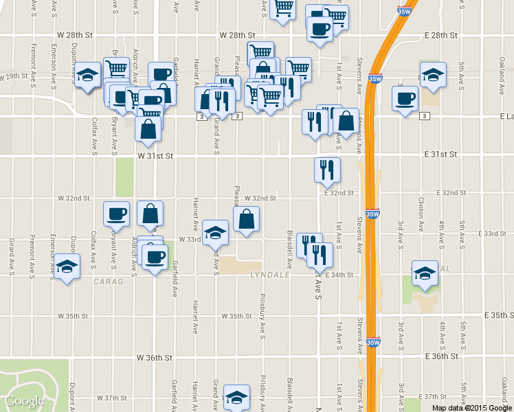 map of restaurants, bars, coffee shops, grocery stores, and more near 209 West 32nd Street in Minneapolis