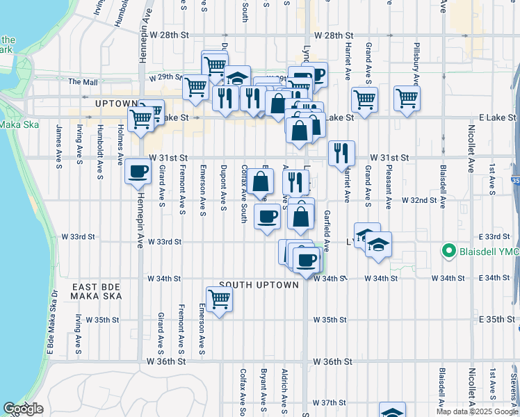 map of restaurants, bars, coffee shops, grocery stores, and more near in Minneapolis
