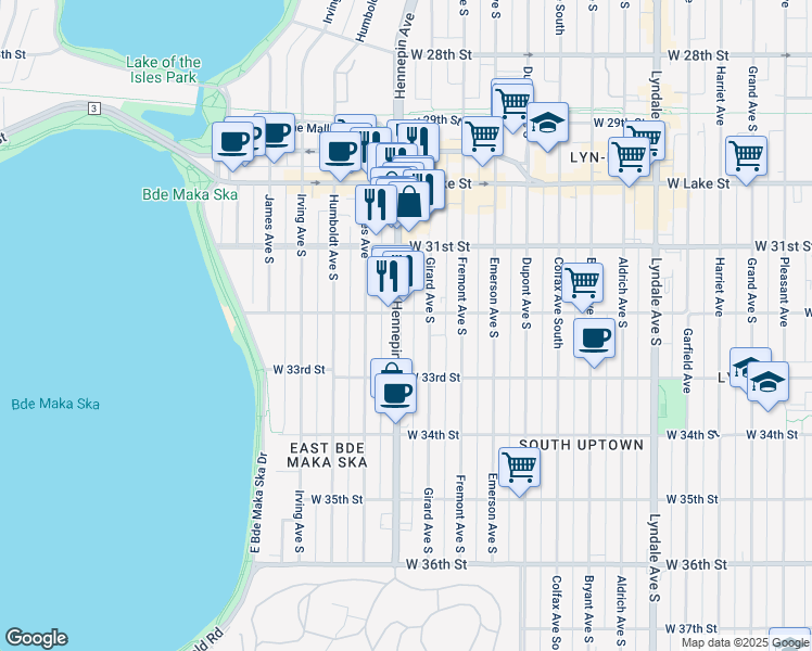 map of restaurants, bars, coffee shops, grocery stores, and more near 3208 Hennepin Avenue in Minneapolis