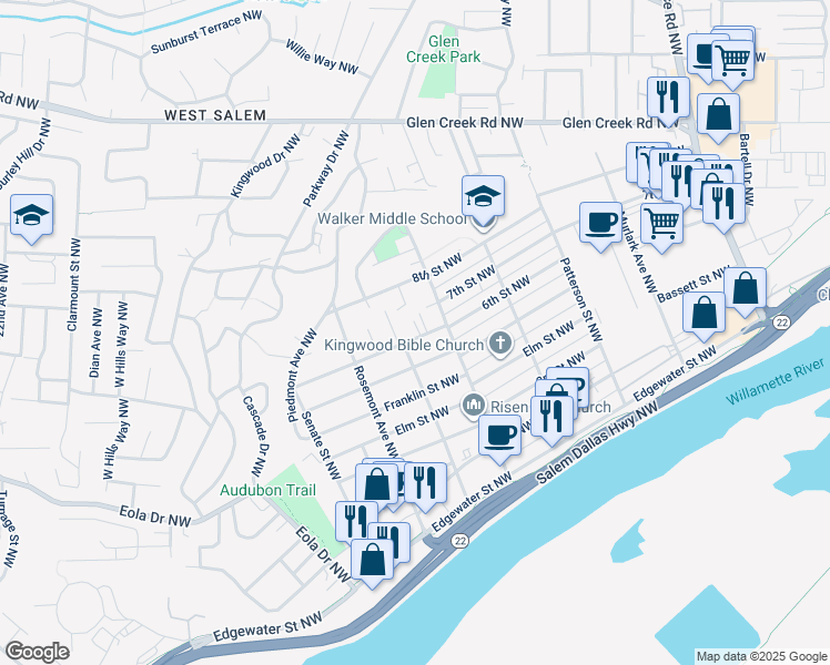 map of restaurants, bars, coffee shops, grocery stores, and more near 1255 6th Street Northwest in Salem