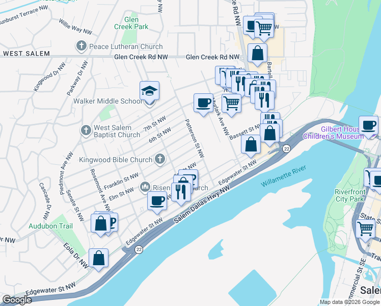 map of restaurants, bars, coffee shops, grocery stores, and more near 1015 3rd Street Northwest in Salem