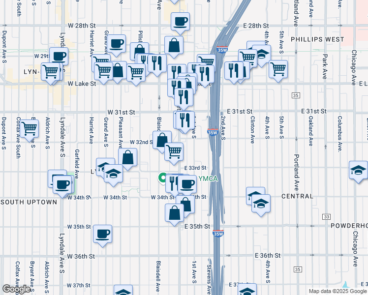map of restaurants, bars, coffee shops, grocery stores, and more near 3215 Nicollet Avenue in Minneapolis