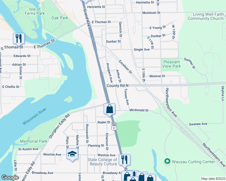 map of restaurants, bars, coffee shops, grocery stores, and more near 1310 Prospect Ave in Wausau