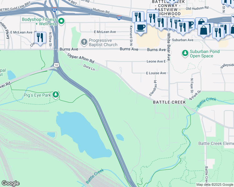 map of restaurants, bars, coffee shops, grocery stores, and more near 75 Upper Afton Terrace in Saint Paul