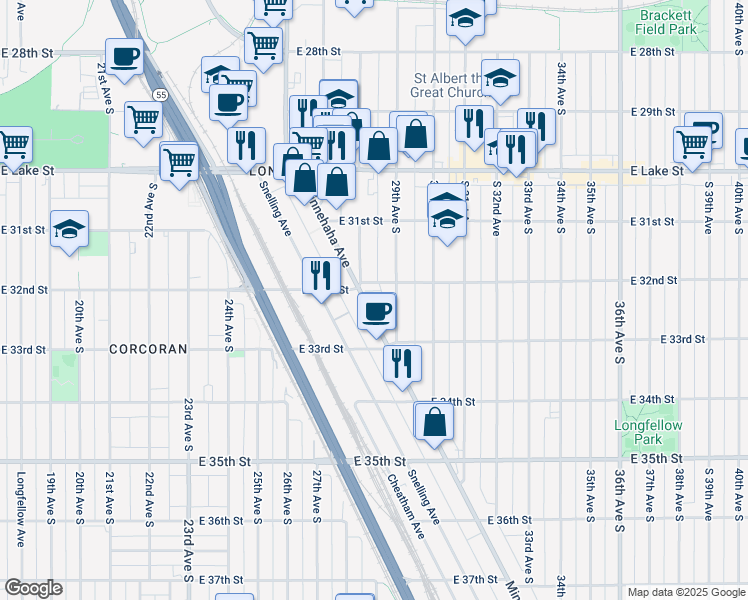 map of restaurants, bars, coffee shops, grocery stores, and more near 3213 Minnehaha Avenue in Minneapolis