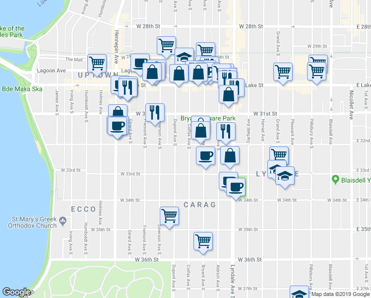 map of restaurants, bars, coffee shops, grocery stores, and more near 3204 Colfax Avenue South in Minneapolis