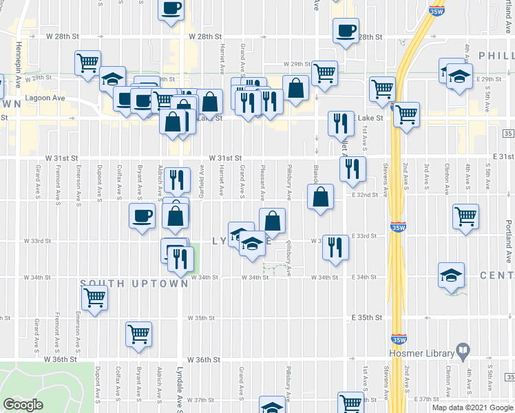 map of restaurants, bars, coffee shops, grocery stores, and more near 3204 Pleasant Avenue in Minneapolis