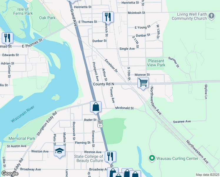 map of restaurants, bars, coffee shops, grocery stores, and more near 1312 Torney Avenue in Wausau