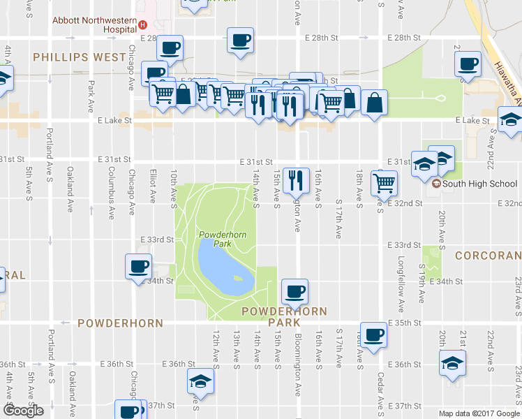 map of restaurants, bars, coffee shops, grocery stores, and more near 3207 14th Avenue South in Minneapolis
