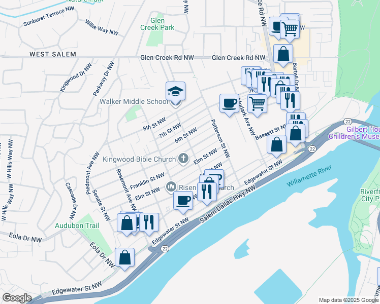 map of restaurants, bars, coffee shops, grocery stores, and more near 475 McNary Avenue Northwest in Salem