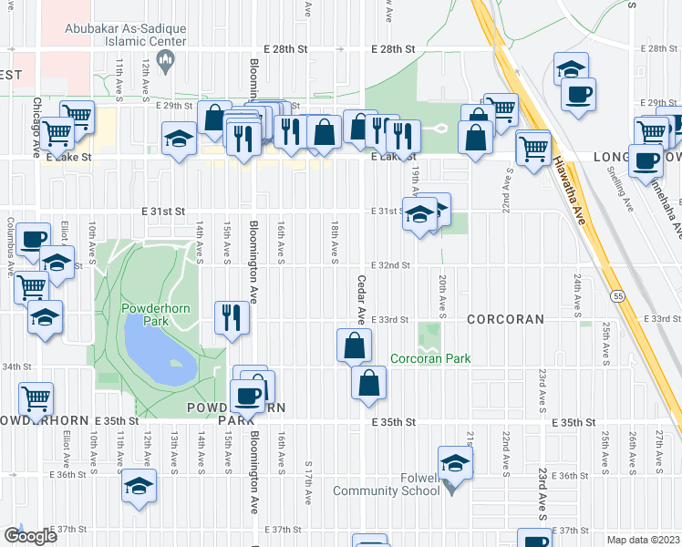 map of restaurants, bars, coffee shops, grocery stores, and more near 3205 18th Avenue South in Minneapolis