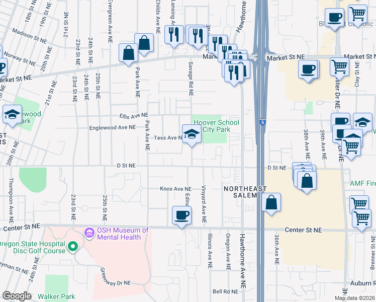 map of restaurants, bars, coffee shops, grocery stores, and more near 1083 Savage Road Northeast in Salem