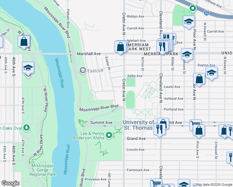map of restaurants, bars, coffee shops, grocery stores, and more near 102 Exeter Place in Saint Paul