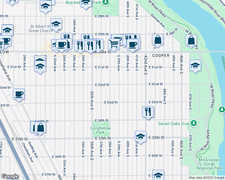 map of restaurants, bars, coffee shops, grocery stores, and more near 3217 38th Avenue South in Minneapolis