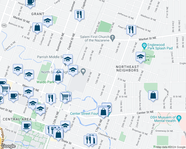 map of restaurants, bars, coffee shops, grocery stores, and more near 830-874 14th Street Northeast in Salem