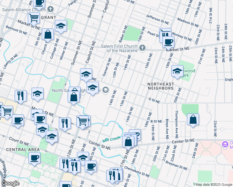 map of restaurants, bars, coffee shops, grocery stores, and more near 830-874 14th Street Northeast in Salem